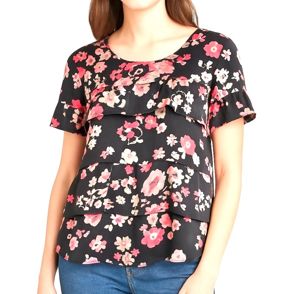 Joie Black Pink Floral Short Sleeve Blouse 100% Silk - Picture 1 of 6